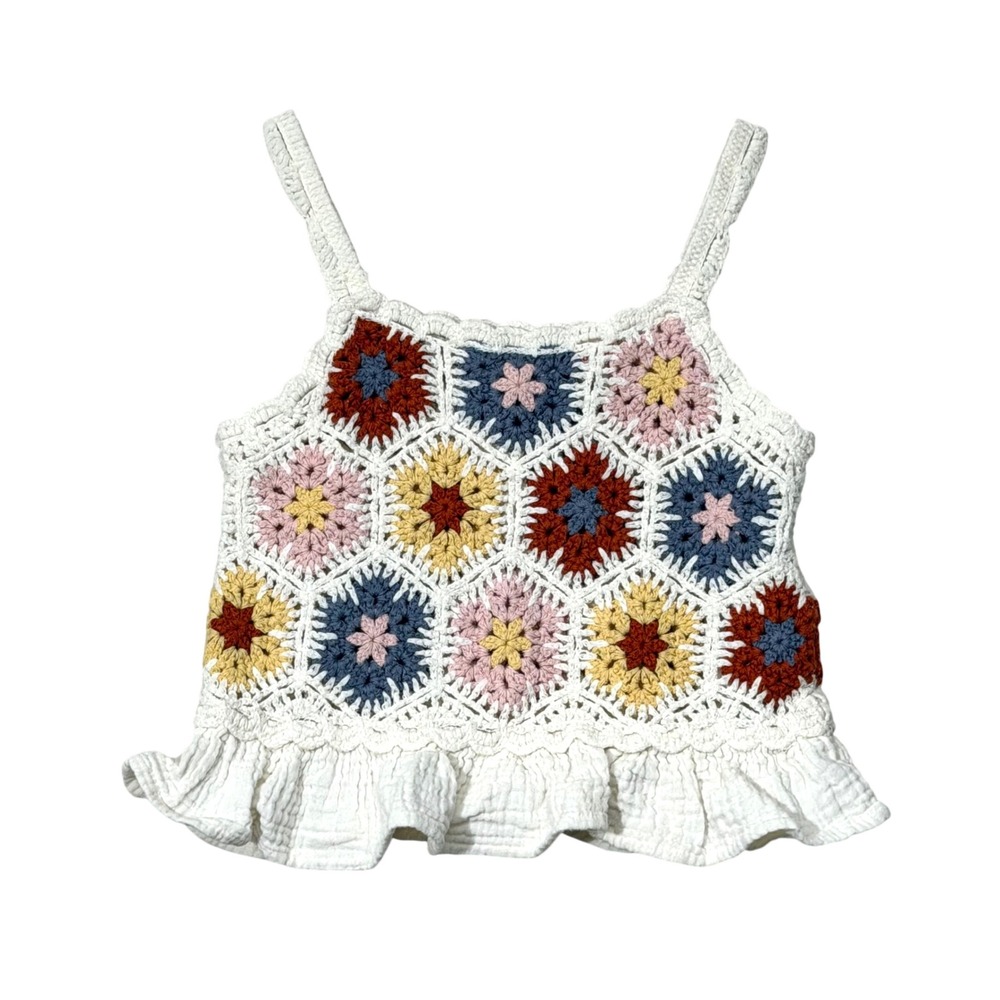 Zara Girls 2-3Y 98cm Crochet Granny Square Floral Ruffle Boho Tank Top